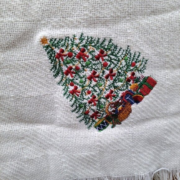 COMING HOME ivory 100% Virgin Wool Throw Embroidered Christmas Tree 48x60in USA - Picture 2 of 5